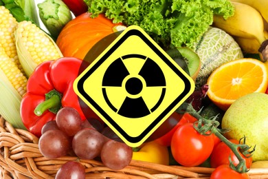 Image of Fresh vegetables, fruits and radioactive sign. Environmental contamination, polluted food