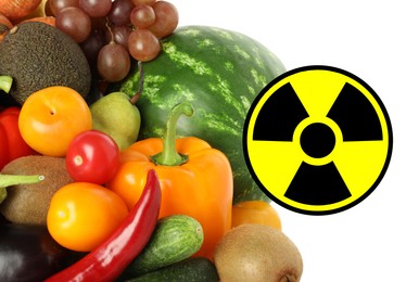 Image of Fresh vegetables, fruits and radioactive sign on white background. Environmental contamination, polluted food