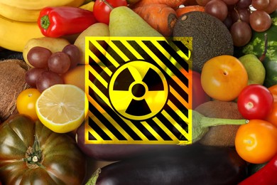 Image of Fresh vegetables, fruits and radioactive sign. Environmental contamination, polluted food