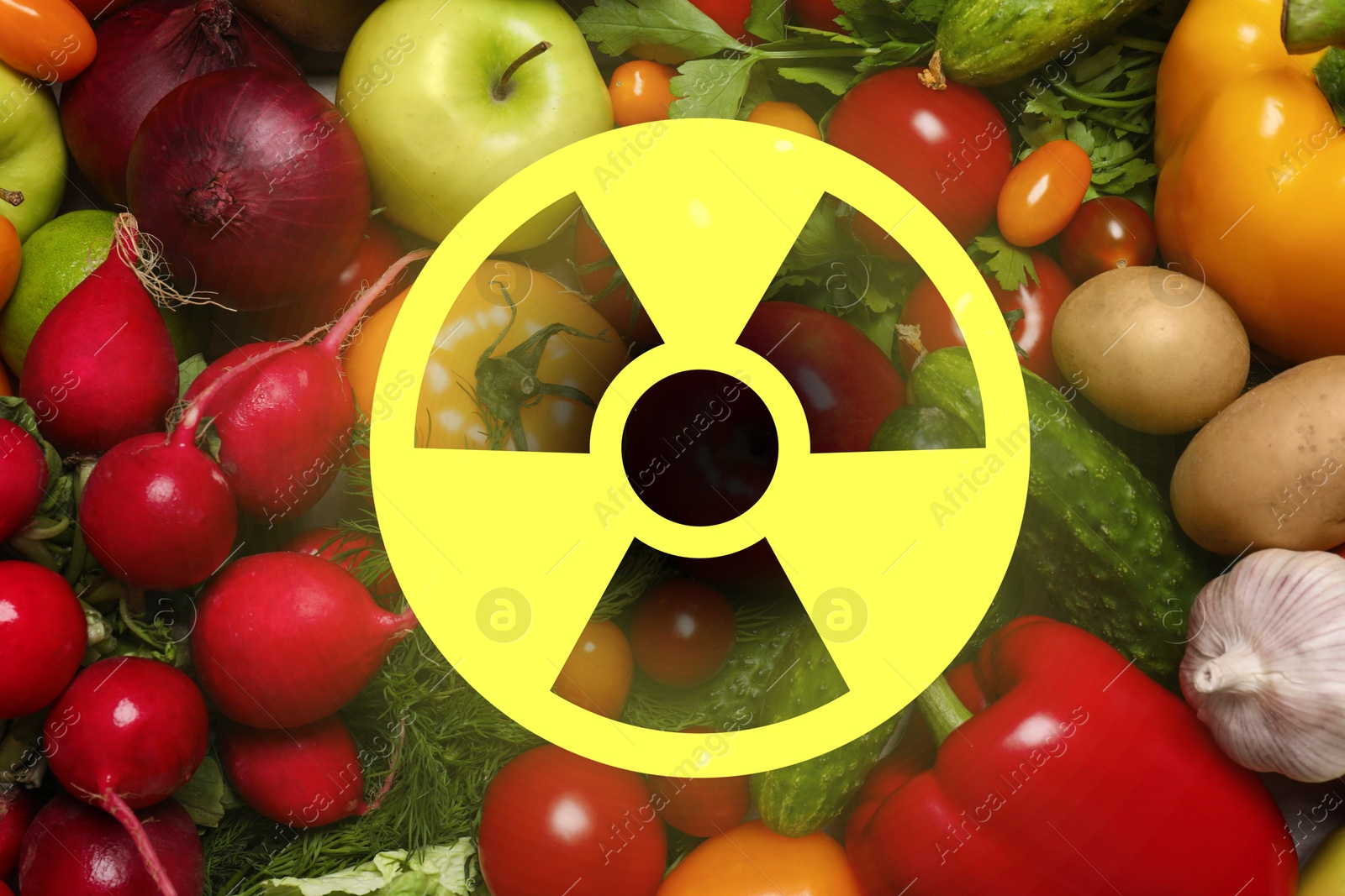 Image of Fresh vegetables and radioactive sign. Environmental contamination, polluted food