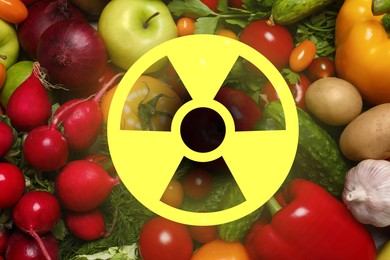 Image of Fresh vegetables and radioactive sign. Environmental contamination, polluted food