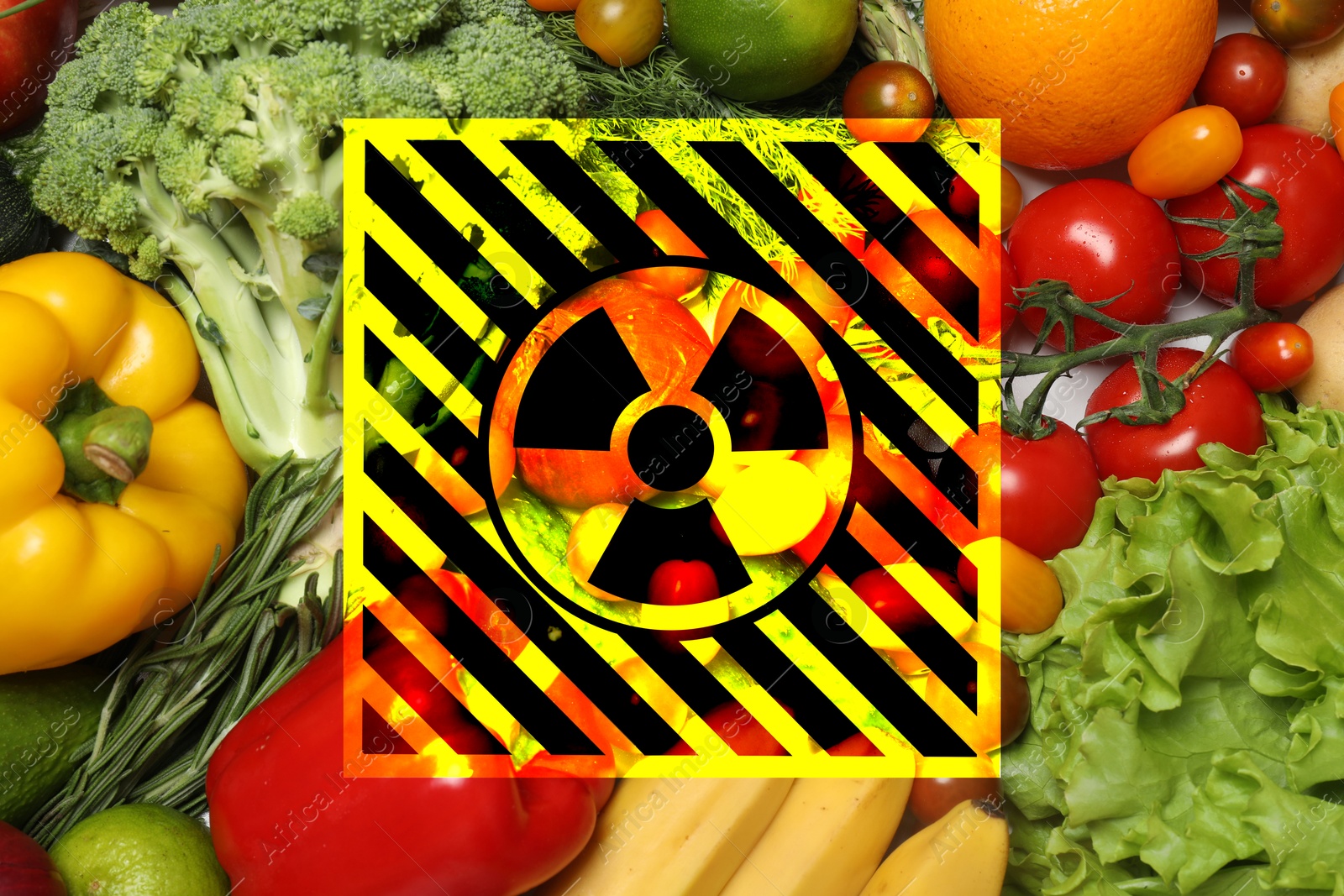 Image of Fresh vegetables, fruits and radioactive sign. Environmental contamination, polluted food