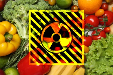 Image of Fresh vegetables, fruits and radioactive sign. Environmental contamination, polluted food