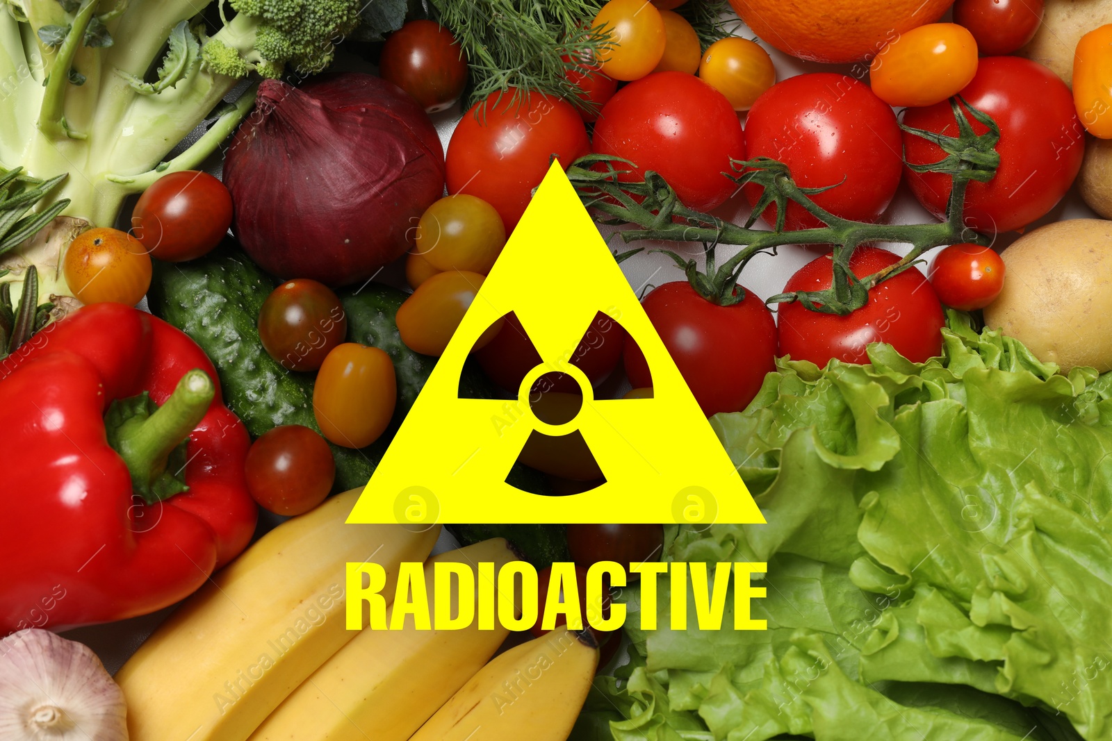 Image of Fresh vegetables and radioactive sign. Environmental contamination, polluted food