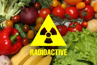 Image of Fresh vegetables and radioactive sign. Environmental contamination, polluted food