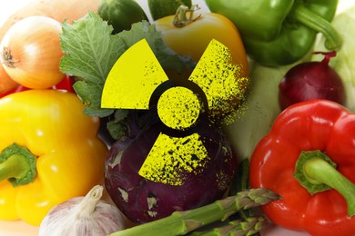 Image of Fresh vegetables and radioactive sign. Environmental contamination, polluted food