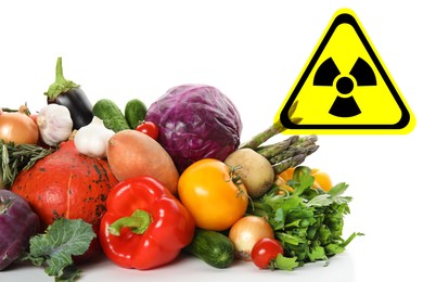 Image of Fresh vegetables and radioactive sign on white background. Environmental contamination, polluted food