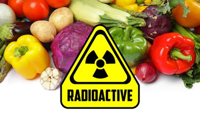 Image of Fresh vegetables and radioactive sign on white background. Environmental contamination, polluted food