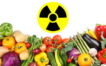 Image of Fresh vegetables and radioactive sign on white background, top view. Environmental contamination, polluted food