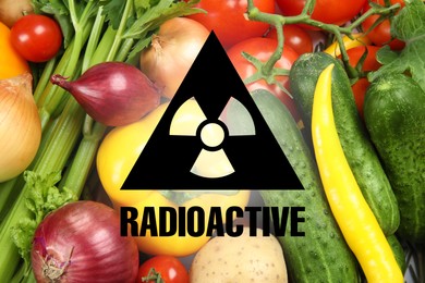 Image of Fresh vegetables and radioactive sign. Environmental contamination, polluted food