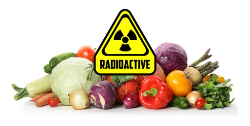 Image of Fresh vegetables and radioactive sign on white background. Environmental contamination, polluted food