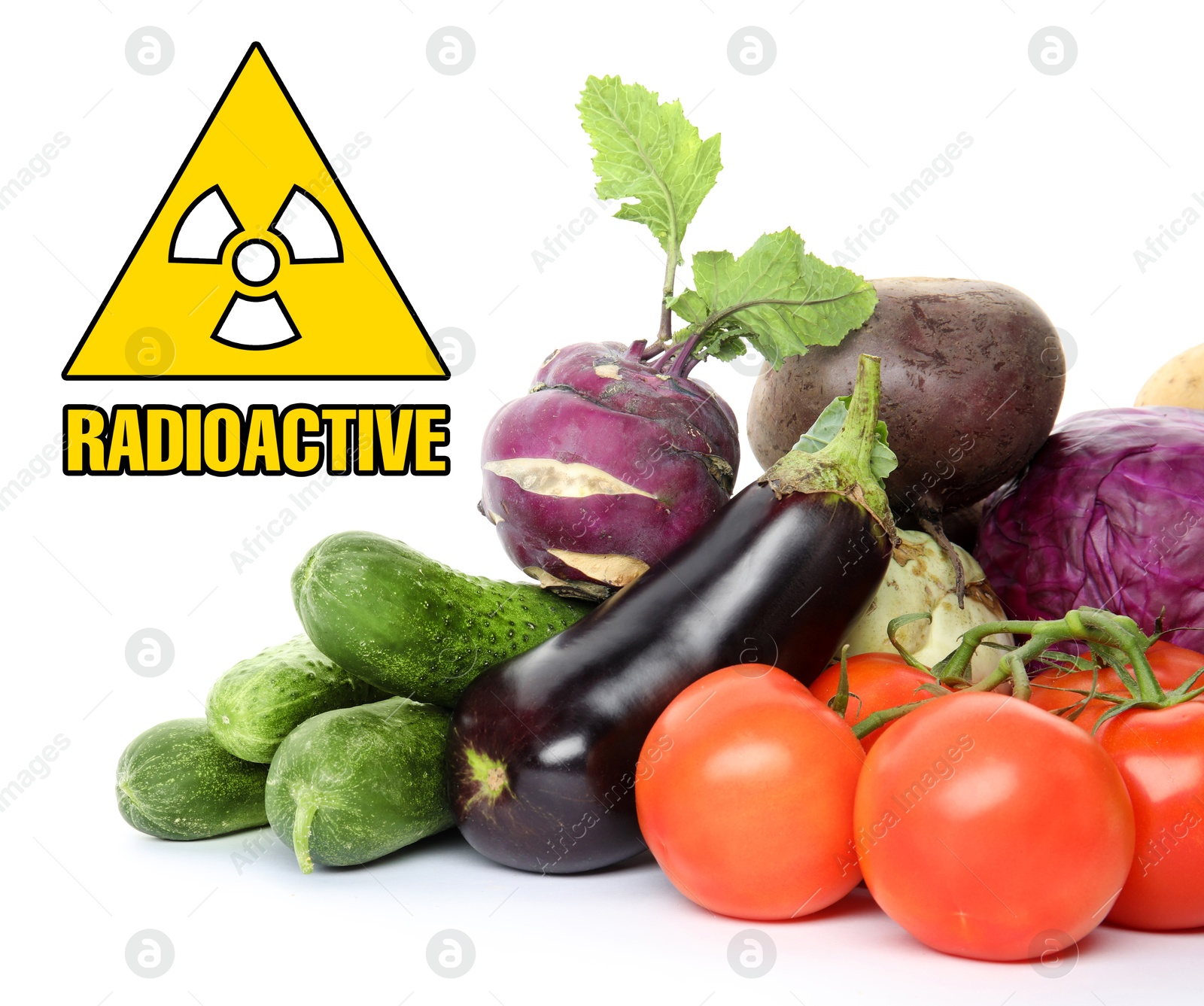 Image of Fresh vegetables and radioactive sign on white background. Environmental contamination, polluted food