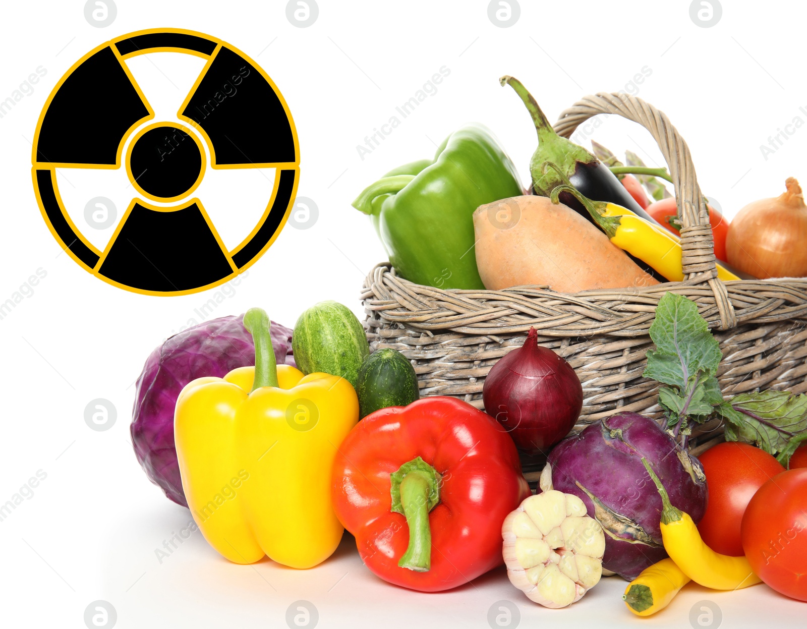 Image of Fresh vegetables and radioactive sign on white background. Environmental contamination, polluted food