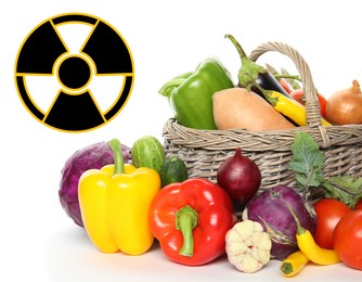 Image of Fresh vegetables and radioactive sign on white background. Environmental contamination, polluted food