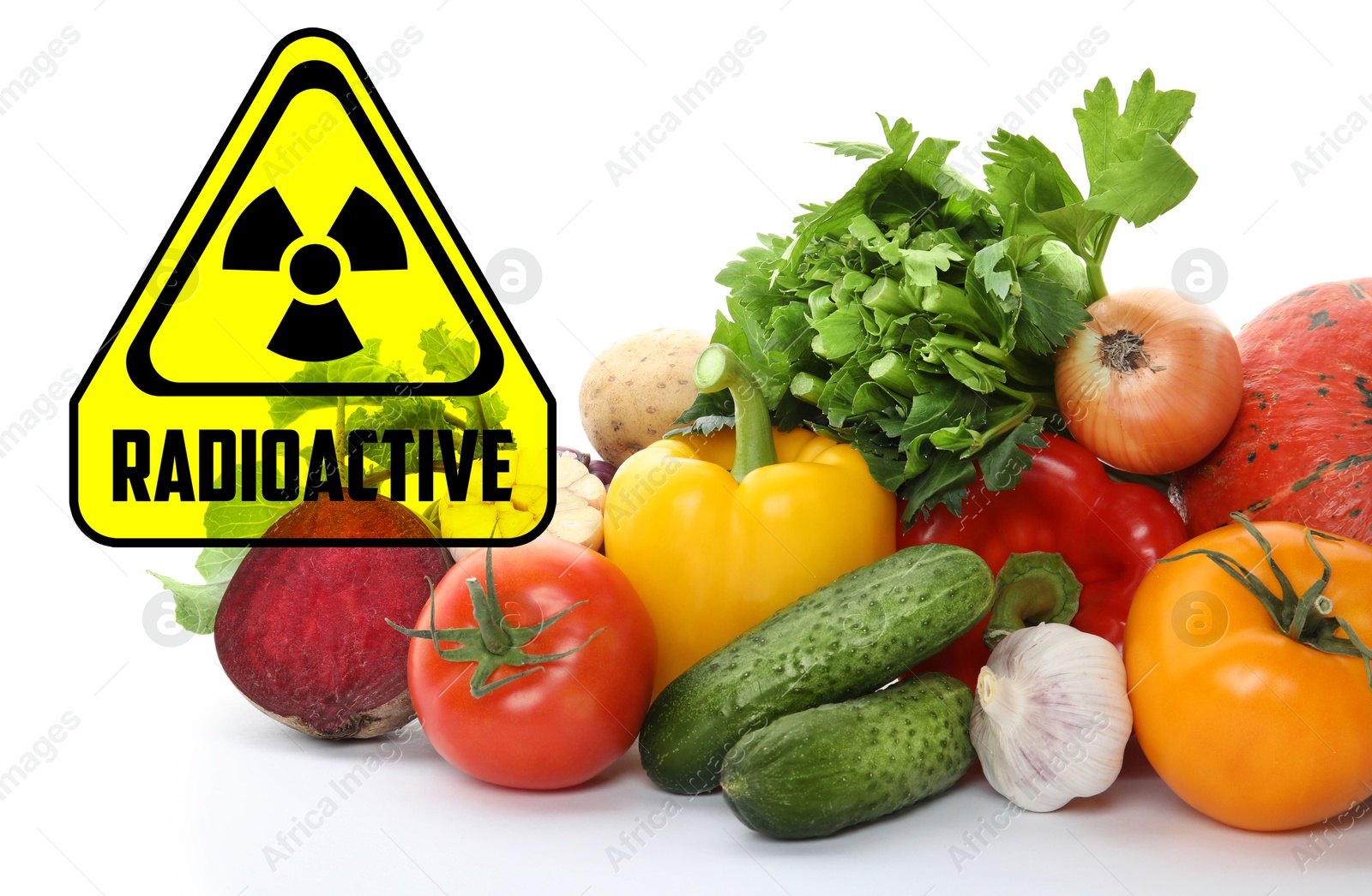 Image of Fresh vegetables and radioactive sign on white background. Environmental contamination, polluted food