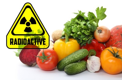 Image of Fresh vegetables and radioactive sign on white background. Environmental contamination, polluted food