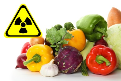 Image of Fresh vegetables and radioactive sign on white background. Environmental contamination, polluted food