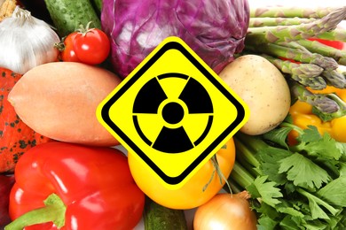 Image of Fresh vegetables and radioactive sign. Environmental contamination, polluted food