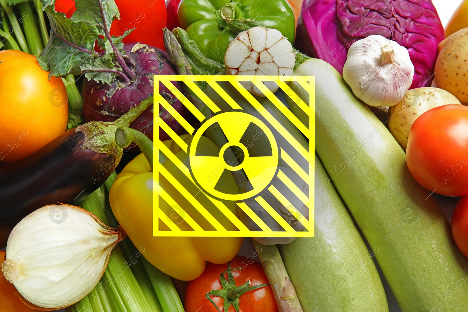 Image of Fresh vegetables and radioactive sign. Environmental contamination, polluted food