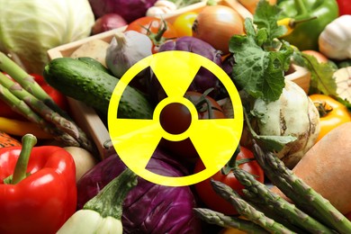 Image of Fresh vegetables and radioactive sign. Environmental contamination, polluted food