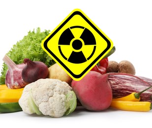 Image of Fresh vegetables and radioactive sign on white background. Environmental contamination, polluted food
