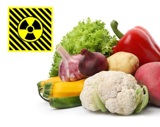 Image of Fresh vegetables and radioactive sign on white background. Environmental contamination, polluted food