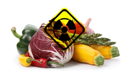 Image of Fresh vegetables and radioactive sign on white background. Environmental contamination, polluted food