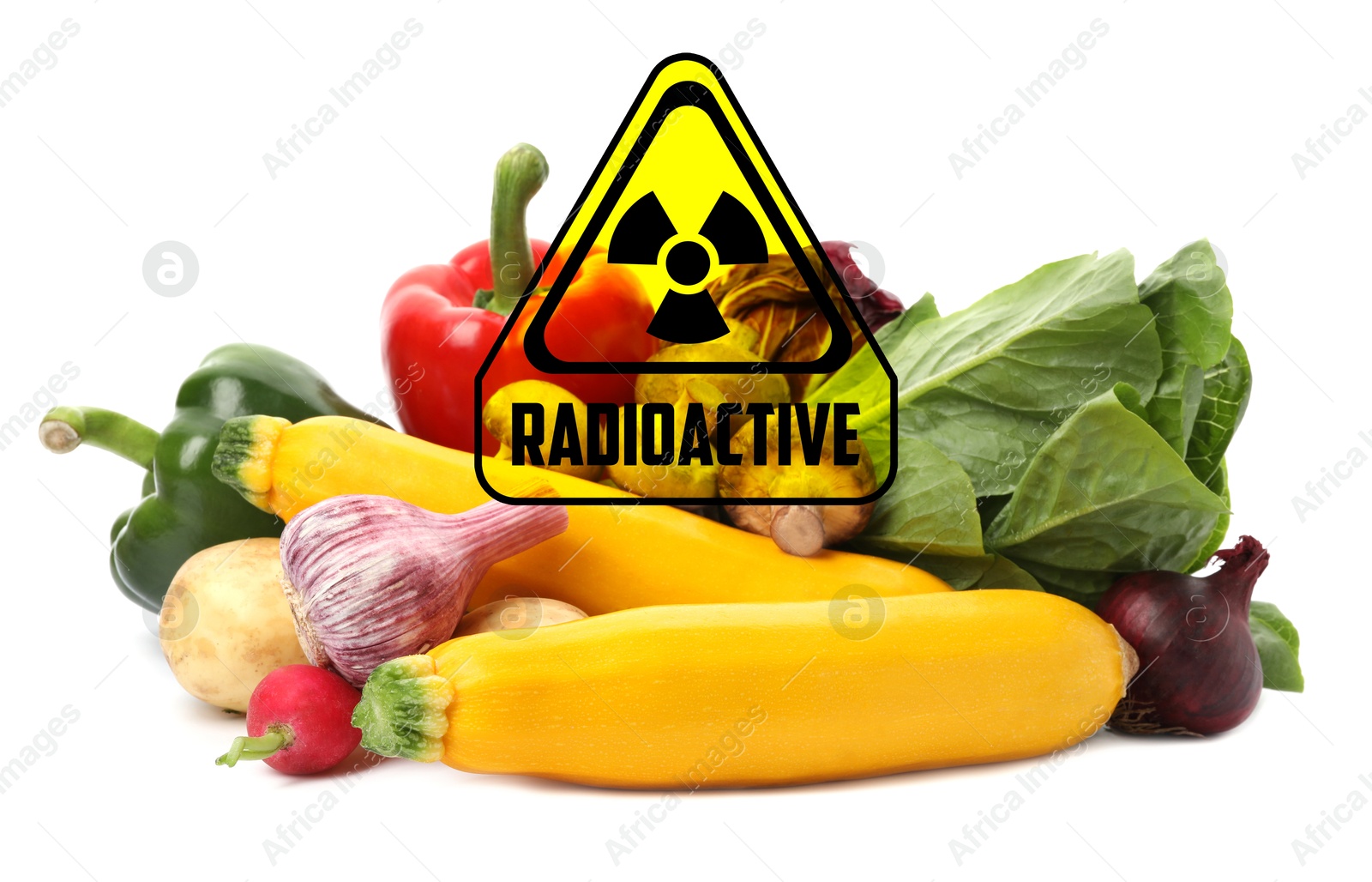 Image of Fresh vegetables and radioactive sign on white background. Environmental contamination, polluted food