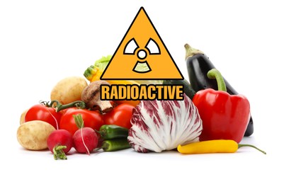 Image of Fresh vegetables and radioactive sign on white background. Environmental contamination, polluted food
