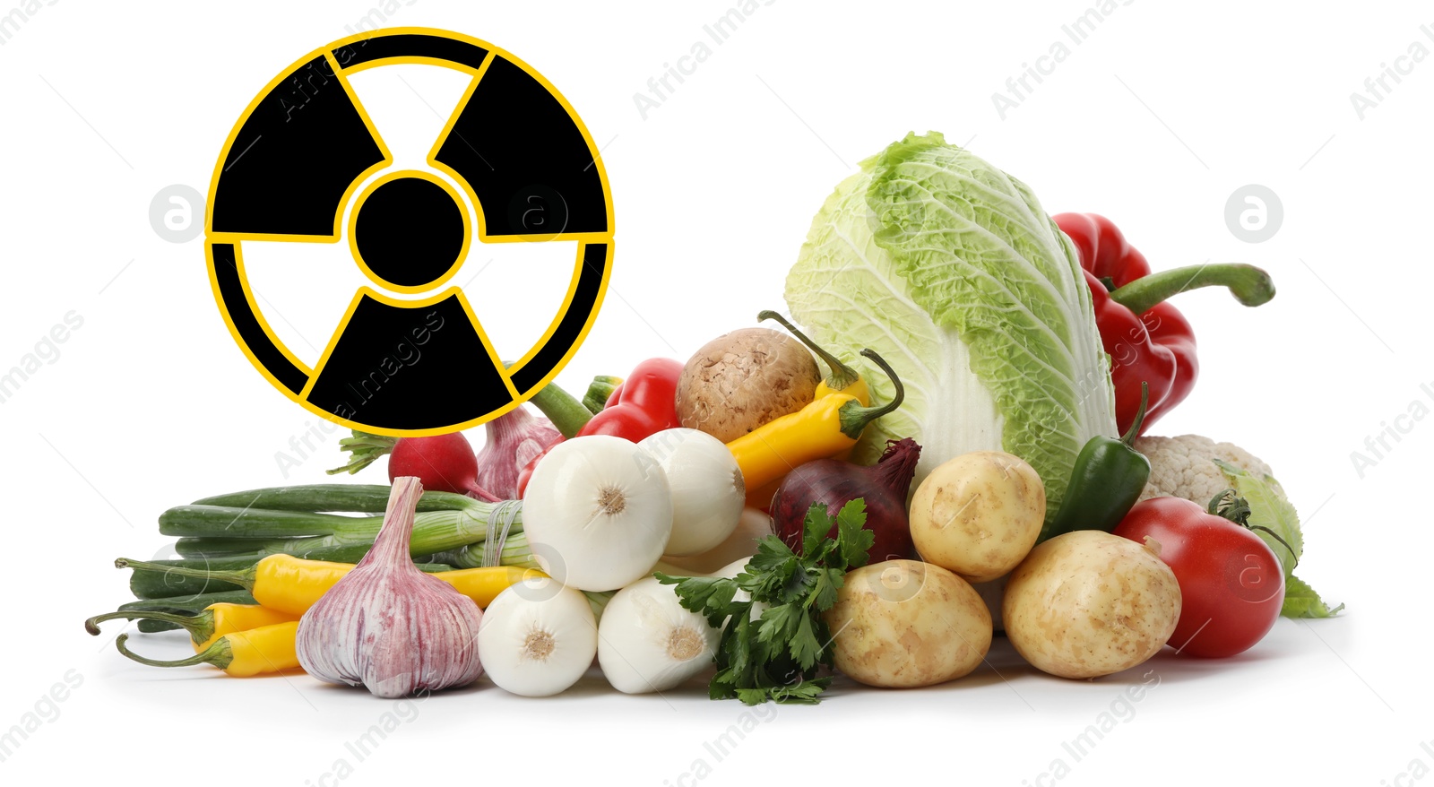 Image of Fresh vegetables and radioactive sign on white background. Environmental contamination, polluted food