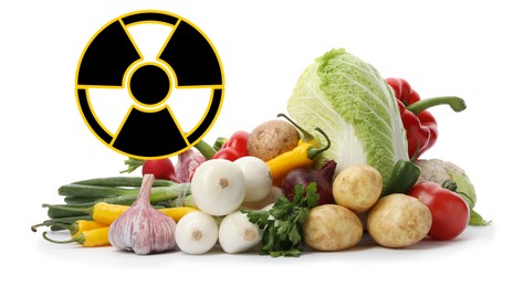 Image of Fresh vegetables and radioactive sign on white background. Environmental contamination, polluted food