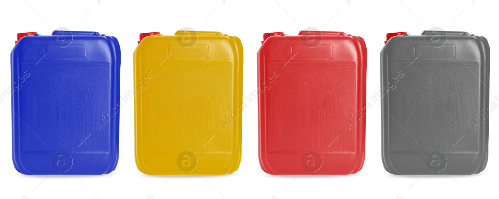 Plastic canisters in different colors isolated on white, set Image of Plastic canisters in different colors isolated on white, set
