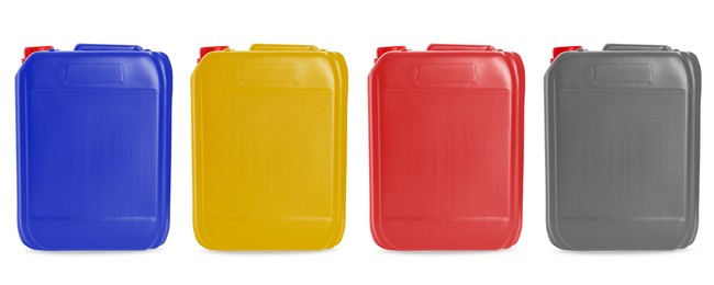 Image of Plastic canisters in different colors isolated on white, set