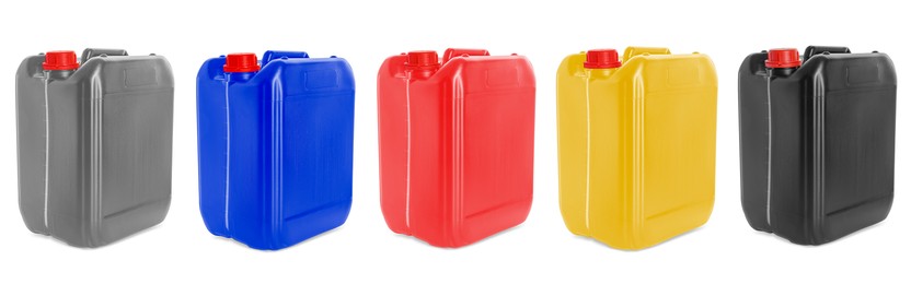 Image of Plastic canisters in different colors isolated on white, set