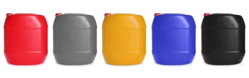 Image of Plastic canisters in different colors isolated on white, set
