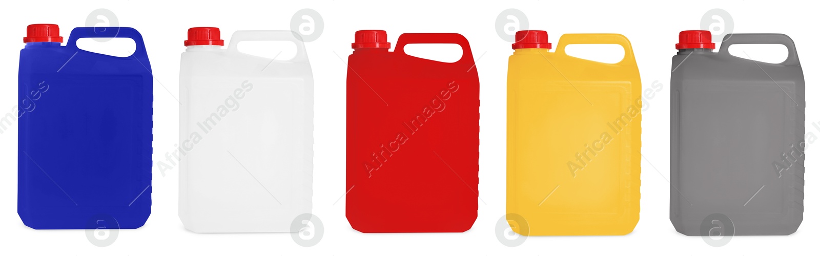 Plastic canisters in different colors isolated on white, set Image of Plastic canisters in different colors isolated on white, set