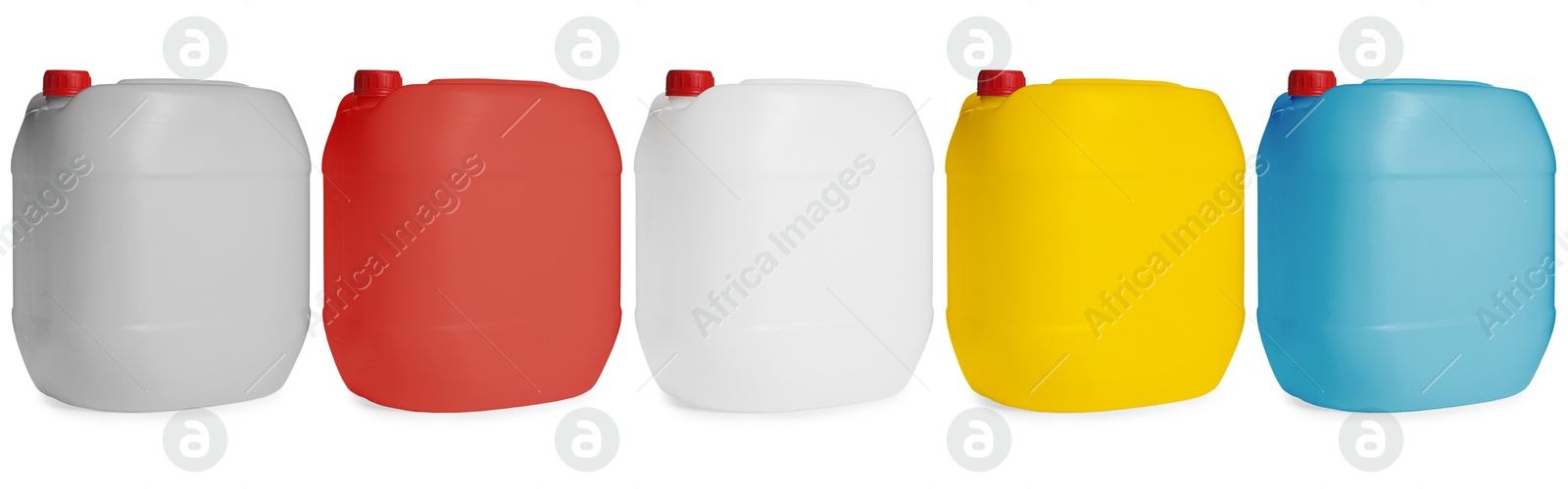 Plastic canisters in different colors isolated on white, set Image of Plastic canisters in different colors isolated on white, set