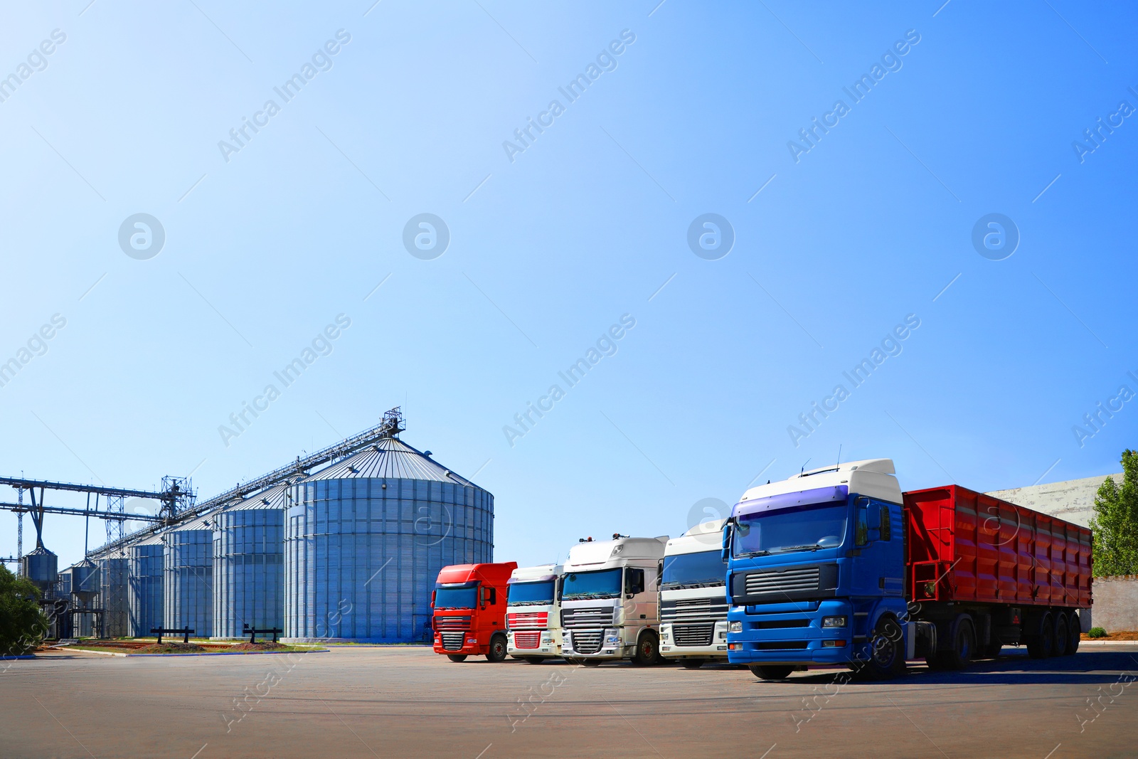 Modern granaries for storing cereal grains and trucks outdoors Image of Modern granaries for storing cereal grains and trucks outdoors