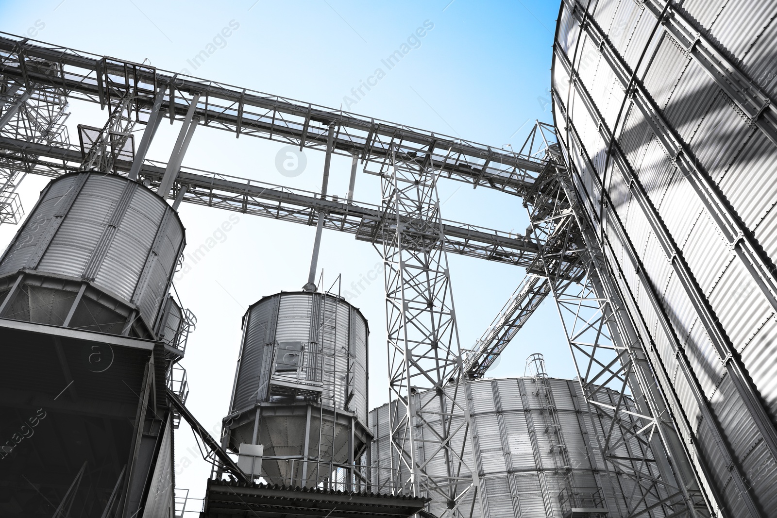 Image of Modern granaries for storing cereal grains against blue sky, low angle view
