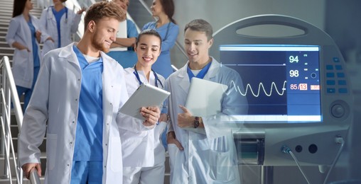 Image of Group of doctors and medical heart rate monitor, double exposure. Banner design
