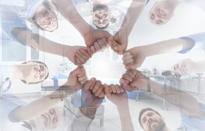Image of Doctors holding fists together and surgery room, double exposure. Banner design