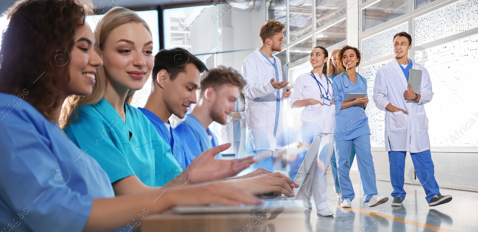 Doctors and group of interns, double exposure. Banner design Image of Doctors and group of interns, double exposure. Banner design