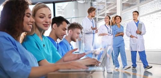 Image of Doctors and group of interns, double exposure. Banner design