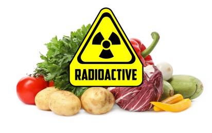 Image of Fresh vegetables and radioactive sign on white background. Environmental contamination, polluted food
