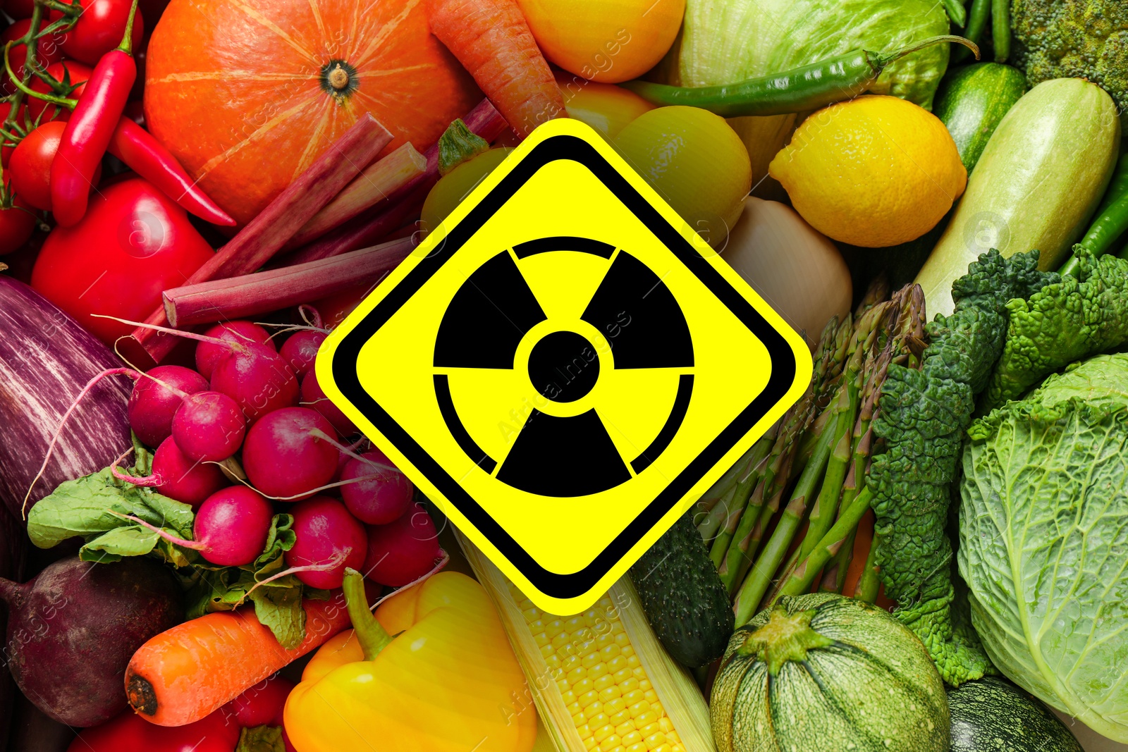 Image of Fresh vegetables and radioactive sign. Environmental contamination, polluted food