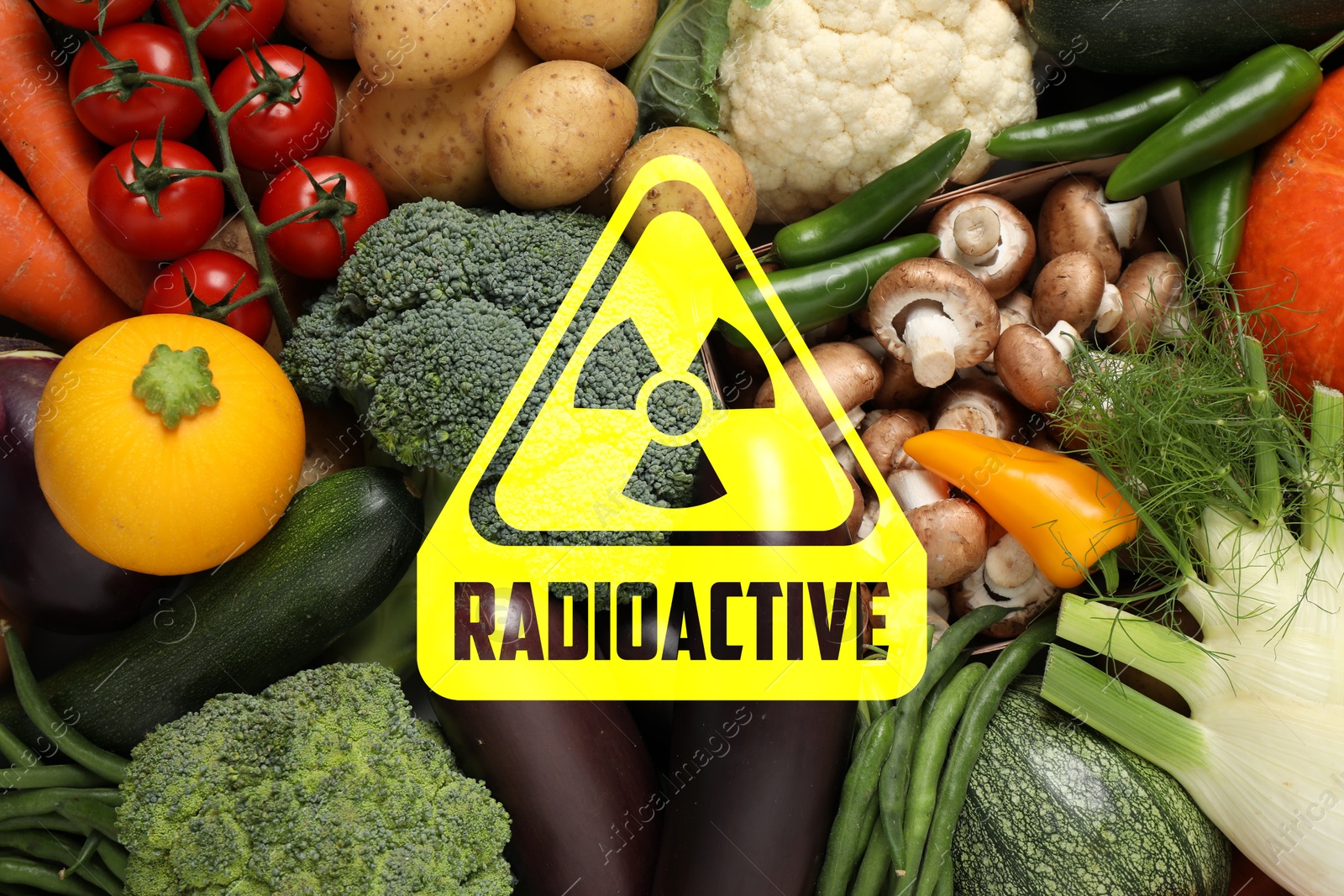 Image of Fresh vegetables and radioactive sign. Environmental contamination, polluted food