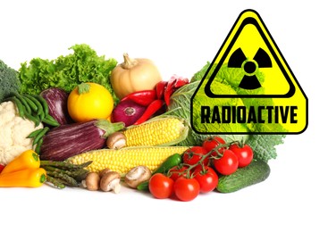 Image of Fresh vegetables and radioactive sign on white background. Environmental contamination, polluted food