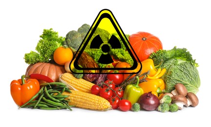 Image of Fresh vegetables and radioactive sign on white background. Environmental contamination, polluted food