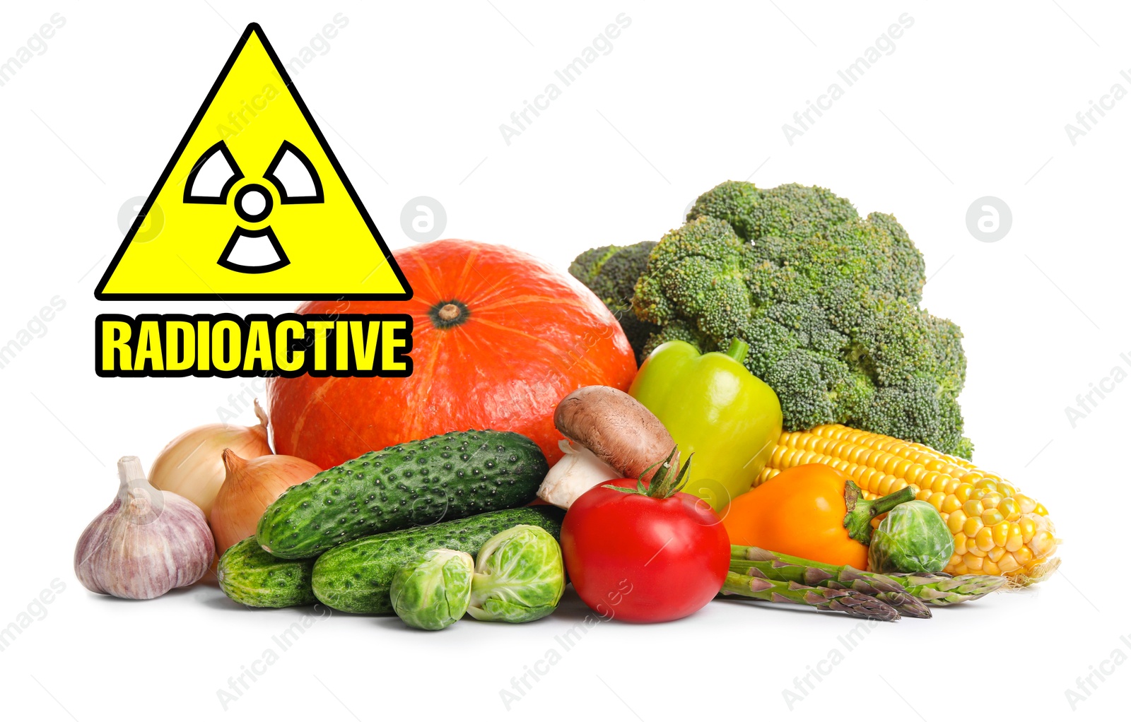 Image of Fresh vegetables and radioactive sign on white background. Environmental contamination, polluted food