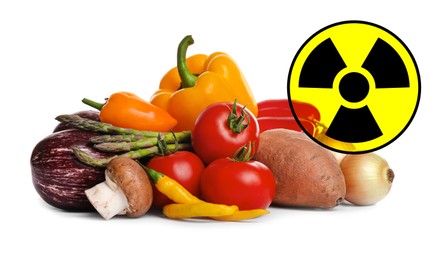 Image of Fresh vegetables and radioactive sign on white background. Environmental contamination, polluted food